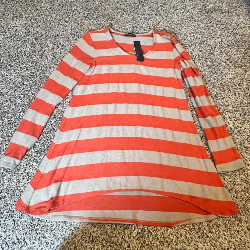 Nally & Millie USA Womens Small Coral Beige Striped High Low‎ Tunic Top N563245